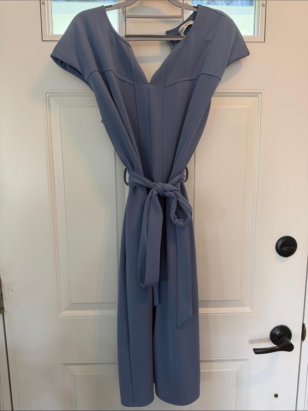 Elegant Slate Blue V-Neck Dress with Waist Tie